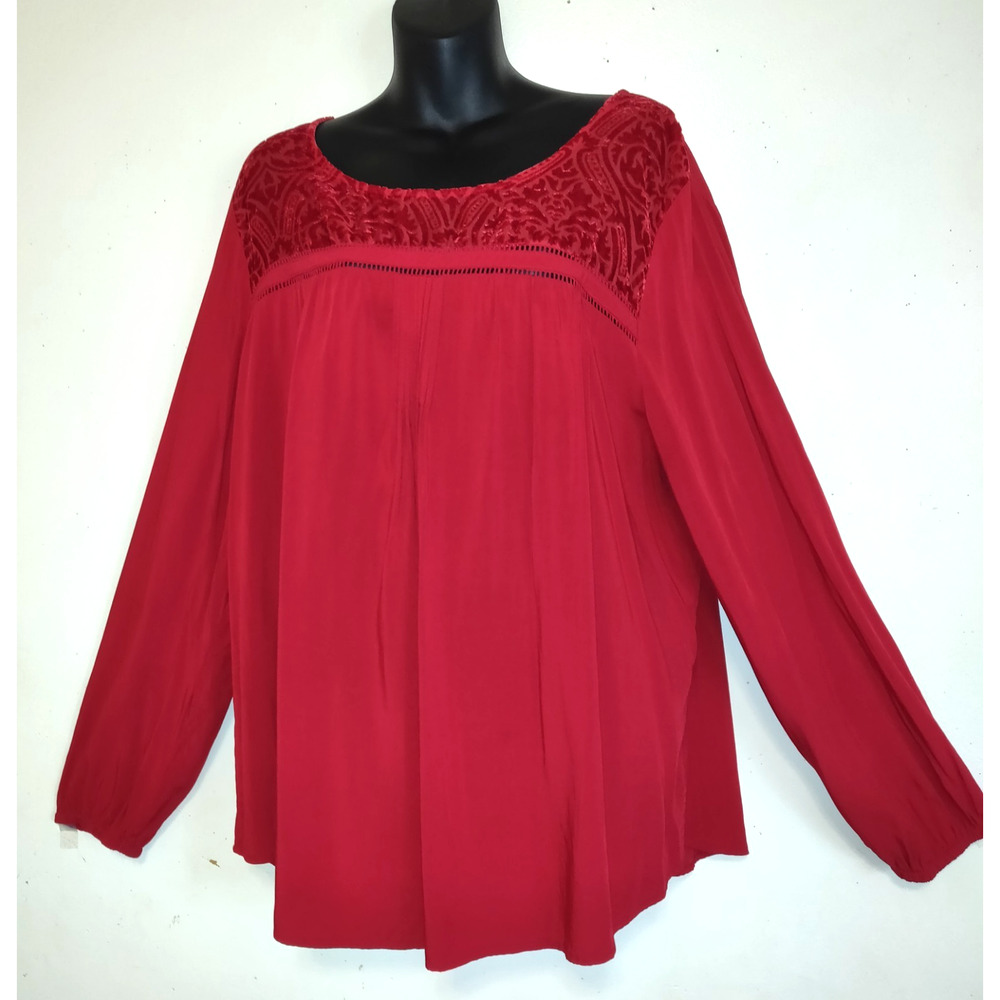 St Johns Bay Red Top Womens Blouse 2X Velvet Burnout Lightweight Long Sleeves